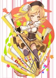  blonde_hair commentary_request dress dual_wielding female fingerless_gloves gloves gun hair_ornament hat holding kneehighs magical_girl magical_musket mahou_shoujo_madoka_magica mahou_shoujo_madoka_magica_(anime) shiokonbu smile socks solo striped_clothes striped_thighhighs thighhighs tomoe_mami tomoe_mami_(magical_girl) twintails vertical-striped_clothes vertical-striped_thighhighs weapon yellow_eyes 