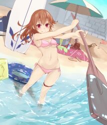  bad_id bad_pixiv_id beach bikini bottle breasts brown_hair commentary_request day female hand_fan long_hair oar original outdoors pink_eyes sand sandals side-tie_bikini_bottom small_breasts smile swimsuit underboob water yuirimo 