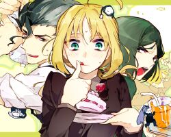  2boys :q ahoge artoria_pendragon_(fate) assassin_(fate/zero) bad_id bad_pixiv_id black_hair blonde_hair blush cake chibi diarmuid_ua_duibhne_(lancer)_(fate) drink eating fate/zero fate_(series) female female_assassin_(fate/zero) food fruit green_eyes green_hair licking licking_finger long_hair mapi mini_person miniboy minigirl multiple_boys ponytail saber_(fate) strawberry tongue tongue_out waver_velvet yellow_eyes 