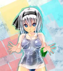  :o black_hairband blue_eyes blue_one-piece_swimsuit commentary_request female grey_hair hairband konpaku_youmu looking_at_viewer one-piece_swimsuit school_swimsuit shirt short_hair solo swimsuit swimsuit_under_clothes touhou unomi wet wet_clothes wet_shirt 