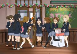  6+girls akiyama_mio cake chalkboard commentary_request food happy_birthday hirasawa_ui hirasawa_yui indoors k-on! kotobuki_tsumugi manabe_nodoka multiple_girls nakano_azusa pantyhose party_popper sakuragaoka_high_school_uniform school_uniform suzuki_jun tainaka_ritsu wainscoting watanore wooden_floor yamanaka_sawako 