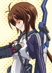  brown_hair closed_eyes female fingerless_gloves gloves grope groping jersey kyoukai_senjou_no_horizon kyoukaisenjou_no_horizon lowres mutsumi_masato oerba_yun_fang oriotorai_makiko sword weapon 