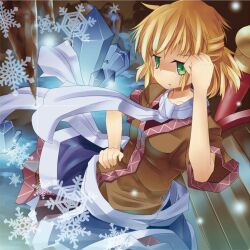  blonde_hair bored bridge commentary_request female green_eyes ice looking_at_viewer mikan_(bananoha) mizuhashi_parsee ponytail scarf short_hair short_sleeves sitting skirt snowflakes solo touhou 