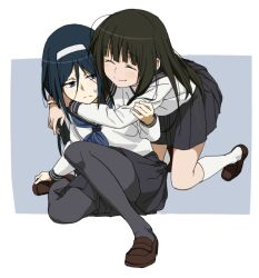  2girls black_hair blue_eyes chitanda_eru closed_eyes commentary_request hairband hug hyouka irisu_fuyumi kamiyama_high_school_uniform_(hyouka) kinosuke_(sositeimanoga) kneehighs long_hair multiple_girls pantyhose school_uniform serafuku socks 