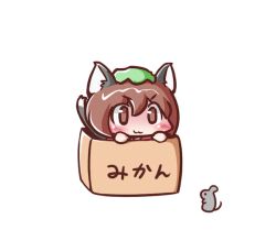  :3 animal_ears box brown_eyes brown_hair cardboard_box cat_ears cat_tail chen chibi commentary_request female hat in_box in_container maitora mouse_(animal) solo tail touhou v-shaped_eyebrows 