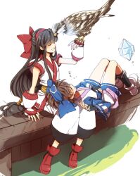  2girls bad_id bad_pixiv_id bird black_hair blush bow brown_hair closed_eyes fingerless_gloves gloves hair_ribbon hairband hawk konril limble long_hair mamahaha multiple_girls nakoruru pants puffy_pants red_bow ribbon rimururu samurai_spirits short_hair shorts siblings sisters sleeping smile very_long_hair 