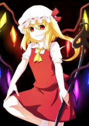  ascot bad_id bad_pixiv_id blonde_hair crystal doseisan_(dosei-san) female flandre_scarlet glowing hat hat_ribbon laevatein_(touhou) open_mouth puffy_sleeves red_eyes ribbon sharp_teeth short_hair short_sleeves side_ponytail solo teeth touhou wings 