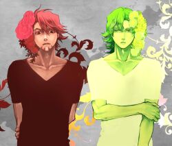  2boys bad_id bad_pixiv_id barnaby_brooks_jr. facial_hair flower glass hair_flower hair_ornament kaburagi_t._kotetsu male_focus multiple_boys multiple_monochrome palette_swap poji_(nega_momoe) stubble tiger_&amp;_bunny 