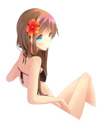  bad_id bad_nicoseiga_id bare_legs bikini bikini_top_only blue_eyes blush brown_hair female flower hair_ornament hibiscus long_hair looking_back original simple_background sitting smile solo swimsuit white_background yoo_(tabi_no_shiori) 