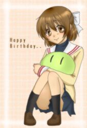  bow brown_eyes brown_hair clannad commentary_request dango_daikazoku female hairbow okazaki_ushio primrose001 school_uniform short_hair sitting skirt smile solo teenage 