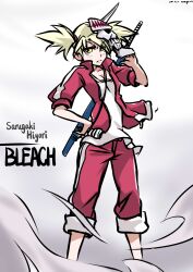  absurdres bleach blonde_hair female freckles hand_on_hip highres jersey katana mask nanaya777 sandals sarugaki_hiyori shirt smoke solo standing sword twintails weapon weapons white_shirt yellow_eyes 