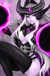  belt black_gloves breasts cleavage colored_skin ear_protection female forehead_protector gloves helmet kumiko_shiba large_breasts league_of_legends long_hair orb pale_skin purple_eyes purple_skin solo syndra thighhighs very_long_hair white_hair 