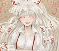  ^_^ bow closed_eyes commentary_request female fujiwara_no_mokou hairbow katari long_hair open_mouth photoshop_(medium) puffy_sleeves short_sleeves smile solo suspenders touhou white_hair 