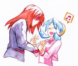  1boy bad_id bad_pixiv_id blue_hair blush closed_eyes couple embarrassed female hat holding_hands interlocked_fingers kris_(pokemon) long_hair mmm73 musical_note open_mouth pokemon pokemon_gsc red_hair silver_(pokemon) smile straight twintails white_background 