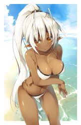  antenna_hair beach bikini blush breasts brown_eyes cleavage commentary_request dark-skinned_female dark_elf dark_skin day elf female highres large_breasts long_hair looking_at_viewer nekomu photoshop_(medium) pointy_ears ponytail sansei_muramasa solo soukou_akki_muramasa strap_gap swimsuit water white_hair 