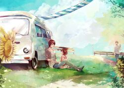  1boy 2girls age_difference bad_id bad_pixiv_id breasts brown_hair cleavage cloud commentary_request day flower fujiwara_truffe grass lolicon medium_breasts mother_and_daughter motor_vehicle multiple_girls on_grass original outdoors pants railing road_sign short_hair sign sitting sky smile sunflower tree tree_shade van 