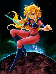  80s blonde_hair bodysuit boots bracer energy_sword iczer-1 iczer_(series) knee_boots long_hair oldschool open_mouth pauldrons pink_bodysuit planet pointy_ears red_eyes sky space star_(sky) starry_sky sword tamanegiinyo tatakae!!_iczer-1 very_long_hair weapon 