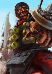  1boy armor arrow_(projectile) bandolier beanie commentary_request dark-skinned_male dark_skin demoman_(tf2) evil_grin evil_smile explosive eyepatch grin hat highres kuro_dora looking_at_viewer looking_down male_focus persian_persuader red_demoman_(tf2) scimitar shield smile solo splendid_screen sword team_fortress_2 weapon 