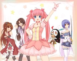  5girls :d =_= akemi_homura akemi_homura_(cosplay) akemi_homura_(magical_girl) bow bubble_skirt cape charlotte_(madoka_magica) commentary_request cosplay drooling fangs hairband hairbow highres kamikita_komari kaname_madoka kaname_madoka_(cosplay) kaname_madoka_(magical_girl) kurugaya_yuiko little_busters! long_hair magical_girl mahou_shoujo_madoka_magica mahou_shoujo_madoka_magica_(anime) mami_mogu_mogu matsuda_hikari miki_sayaka miki_sayaka_(cosplay) miki_sayaka_(magical_girl) multiple_girls natsume_rin nishizono_mio open_mouth panties pantyhose pink_bow saigusa_haruka sakura_kyoko sakura_kyoko_(cosplay) sakura_kyoko_(magical_girl) short_hair skirt smile sword thighhighs tomoe_mami tomoe_mami_(cosplay) tomoe_mami_(magical_girl) underwear weapon white_cape wide_ponytail zettai_ryouiki 