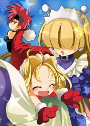  3girls android apron astra_super_stars blonde_hair commentary_request company_connection crossover dress galaxy_fight gloves hair_intakes hat headband juri_(galaxy_fight) long_hair maid multiple_girls red_eyes red_hair rouge_(astra_super_stars) santa_hat senkyoushi_gondolf short_hair sunsoft tesse waku_waku_7 