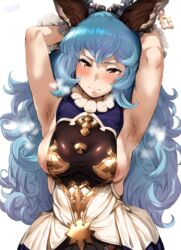  1girls 2020 absurdres animal_ears areola_slip areolae armpit_fetish armpits arms_behind_head arms_up artist_signature backless_outfit bangs blue_hair blush breasts bunny_ears bunny_girl closed_mouth dress erune female ferry_(granblue_fantasy) frilled_gloves frills gloves granblue_fantasy hero_neisan high_resolution highres jewelry long_hair looking_at_viewer medium_breasts open-back_dress sideboob sideless_outfit signature simple_background single_earring smell sweat wavy_hair white_background yellow_eyes 