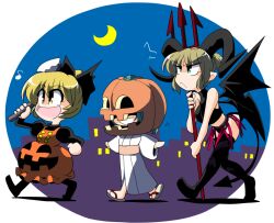  3girls adapted_costume alternate_costume axe black_legwear blonde_hair bow commentary_request crescent demon_tail demon_wings green_eyes green_hair hairbow horns jack-o&#039;-lantern kieyza kisume kurodani_yamame long_sleeves mizuhashi_parsee multiple_girls open_mouth pointy_ears polearm ponytail puffy_sleeves short_hair single_horn sleeveless tail thighhighs touhou trident weapon wide_sleeves wings yellow_eyes 