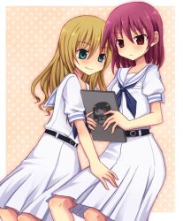  3girls blonde_hair blush chibi commentary_request green_eyes hirose_sumire kuromu_(cr0711) long_hair miyanaga_teru multiple_girls oohoshi_awai red_eyes red_hair saki_(manga) school_uniform shiraitodai_school_uniform short_hair tablet_pc 