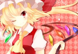  ajiriko ascot asymmetrical_hair bad_id bad_pixiv_id banned_artist blonde_hair crystal flandre_scarlet hat hat_ribbon laevatein oerba_yun_fang one_eye_closed puffy_sleeves red_eyes ribbon short_sleeves side_ponytail smile solo touhou wings 