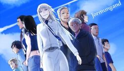  clothing cloud gun jacket jormungand_(disambiguation) koko patch_(disambiguation) ranged_weapon silverhair smile suit topwear water weapon yacheesecake 