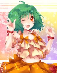  ;d \m/ ahoge blush collarbone commentary_request fangs female frills green_hair highres macross macross_frontier navel one_eye_closed open_mouth outline photoshop_(medium) ranka_lee red_eyes ribbon sakura_ran skirt smile solo star_(symbol) wrist_ribbon 