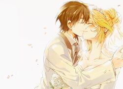  1boy bouquet brown_hair closed_eyes collarbone commentary_request couple dress earrings female flower gradient_hair green_eyes hair_bun jewelry jude_mathis kissing milla_maxwell multicolored_hair photoshop_(medium) sinaooo single_hair_bun straight tales_of_(series) tales_of_xillia tiara tuxedo wedding wedding_dress 