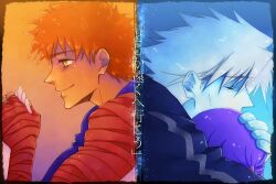  2boys aged_down bandages closed_eyes commentary_request die_(f_mega) emiya_shirou fate/stay_night fate/zero fate_(series) female heaven&#039;s_feel holding_hands hug lolicon matou_kariya matou_sakura multiple_boys orange_hair purple_hair short_hair shroud_of_martin smile trait_connection translated white_hair yellow_eyes 