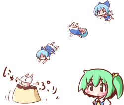  2girls bloomers blue_eyes blue_hair chibi cirno commentary_request daiyousei dive food green_eyes green_hair hair_ribbon maitora multiple_girls pudding ribbon side_ponytail touhou underwear wings 