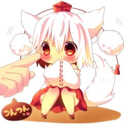  animal_ears blush chibi chocolat_(momoiro_piano) commentary_request detached_sleeves female hands hands_in_opposite_sleeves hat hat_ribbon inubashiri_momiji long_sleeves mini_person minigirl red_eyes ribbon shirt short_hair sitting skirt solo tail tokin_hat touhou white_hair wide_sleeves wolf_ears wolf_tail 