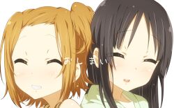  2girls akiyama_mio alternate_hairstyle bad_id bad_pixiv_id black_hair blush brown_hair girock hime_cut k-on! long_hair multiple_girls one_side_up short_hair simple_background smile tainaka_ritsu 