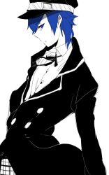  androgynous bad_id bad_pixiv_id blue_eyes blue_hair cabbie_hat crossdressing detective expressionless female hair_over_one_eye hat leaning_back persona persona_4 profile reverse_trap shirogane_naoto short_hair solo spot_color standing sugiyama08 white_background 