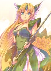  blonde_hair blue_eyes breasts cleavage commentary_request elbow_gloves female flower gloves highres kirishima_satoshi long_hair looking_at_viewer medium_breasts panties photoshop_(medium) polearm riesz seiken_densetsu seiken_densetsu_3 solo underwear very_long_hair weapon 