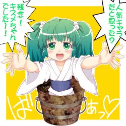  blush bucket commentary_request female green_eyes green_hair hair_bobbles hair_ornament in_bucket in_container kairakuen_umenoka kisume long_sleeves meme open_mouth outstretched_arms short_hair solo too_bad!_it_was_just_me!_(meme) touhou translated twintails wide_sleeves 