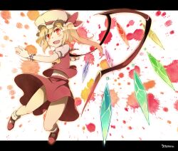  :d blonde_hair blush commentary_request female flandre_scarlet hat hat_ribbon letterboxed open_mouth red_eyes ribbon side_ponytail signature skirt skirt_set smile solo touhou wings wrist_cuffs yutamaro 