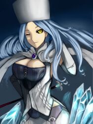  belinda_(unlight) black_sclera blue_hair breasts cape cleavage colored_sclera commentary corset elbow_gloves female gloves hat highres ice kumiko_shiba large_breasts long_hair miniskirt one_eye_closed skirt skull solo staff unlight white_gloves 