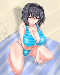  beach bikini black_eyes black_hair blue_bikini breast_hold breasts erect_nipples female female hair_intakes huge_breasts kk_uen original short_hair solo spread_legs squatting striped striped_bikini striped_swimsuit summer swimsuit wet 