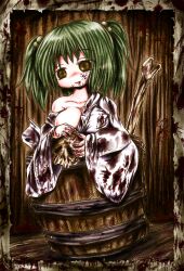  alternate_breast_size blood bone breasts bucket cleavage collarbone commentary_request female green_eyes green_hair in_bucket in_container kisume large_breasts long_sleeves off_shoulder short_hair skull solo touhou twintails wide_sleeves ys_(ytoskyoku-57) 