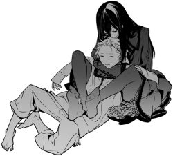  2boys artist_request barefoot closed_eyes frills gothic_lolita greyscale hug hugging_own_legs lolita_fashion long_hair lying_on_lap male_focus monochrome moyashimon multiple_boys otoko_no_ko pantyhose sawaki_souemon_tadayasu yuuki_kei 