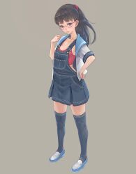  black_hair blue_eyes commentary_request female glasses long_hair open_clothes open_shirt original overall_skirt overalls ponytail school_uniform serafuku shirt simple_background skirt solo standing thighhighs weno 