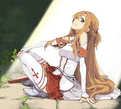  arm_support armor asuna_(sao) bare_shoulders breastplate brown_eyes brown_hair commentary_request detached_sleeves female hand_on_own_knee leaning_back long_hair murasaki_hisato sidelocks sitting skirt smile solo spotlight sword sword_art_online thighhighs very_long_hair weapon white_thighhighs 