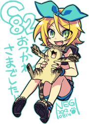  artist_name blonde_hair bow comiket_82 commentary_request feline female green_eyes hairbow holding kagamine_rin midriff negi_(ulog&#039;be) oerba_yun_fang open_mouth outline paw_print sandals short_hair shorts smile text_focus vocaloid white_background 