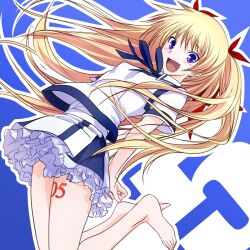  :d barefoot blonde_hair blue_eyes christiane_friedrich female kawagishi_keitarou kawakami_academy_school_uniform long_hair maji_de_watashi_ni_koi_shinasai! mole open_mouth school_uniform skirt smile solo two_side_up 