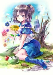  apple arle_nadja armor bad_id bad_pixiv_id blue_skirt blush boots brown_eyes brown_hair carbuncle_(puyopuyo) compass female flower food fruit grass half_updo hanekoto holding light_smile madou_monogatari pauldrons petals puyopuyo quill short_hair short_ponytail shoulder_armor sitting skirt solo sunflower wind 