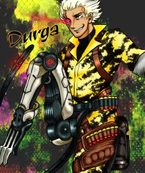  ammunition anarchy_reigns cybernetic durga_(max_anarchy) glowing glowing_eye jacket max_anarchy robotics tail white_hair 