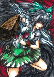  arm_cannon armband bad_id bad_pixiv_id bird_wings black_hair black_wings bow breasts cape female gibagiba green_skirt grin hairbow kneeling large_breasts long_hair photoshop_(medium) red_eyes reiuji_utsuho shoes skirt smile solo third_eye torn_clothes touhou traditional_media weapon wings 